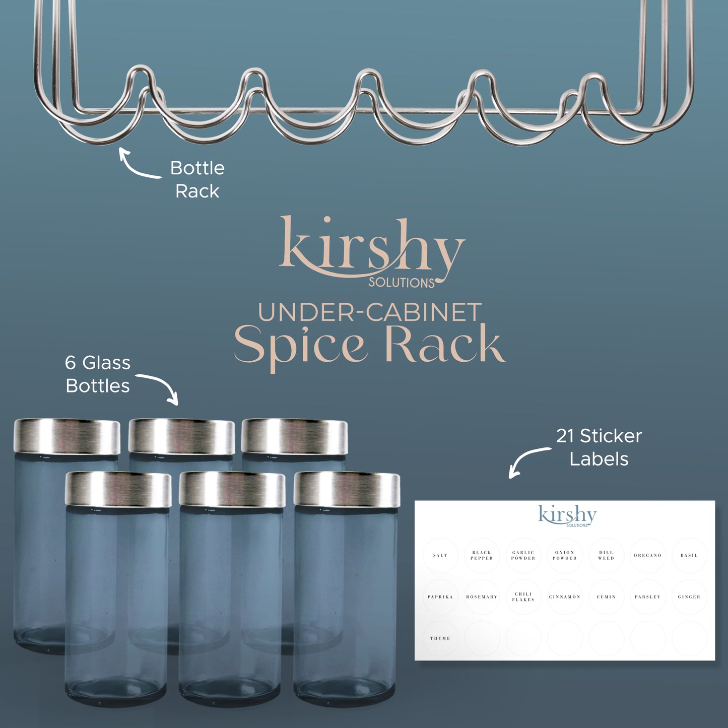 Under Cabinet Spice Rack With 6 Glass Spice Jars & 21 Labels