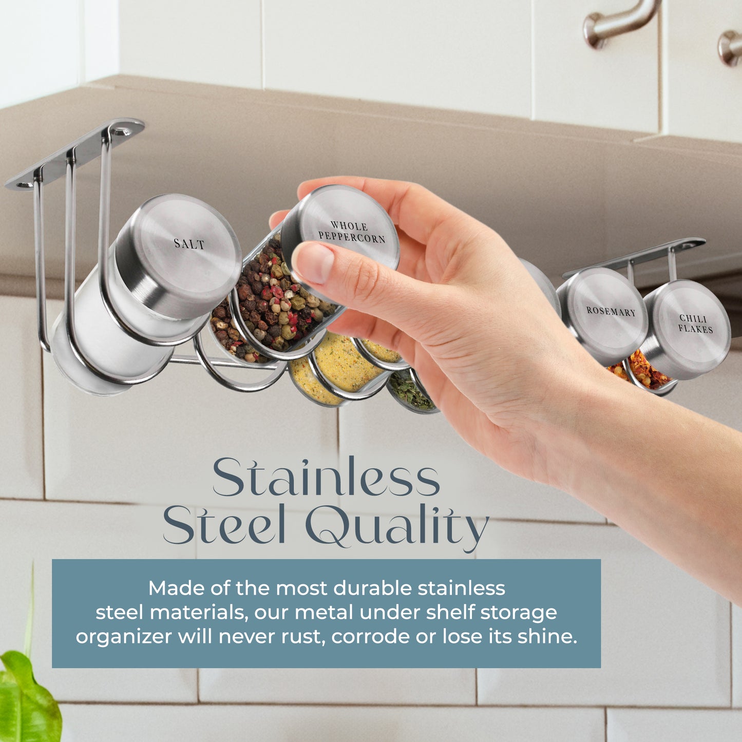 Under Cabinet Spice Rack With 6 Glass Spice Jars & 21 Labels