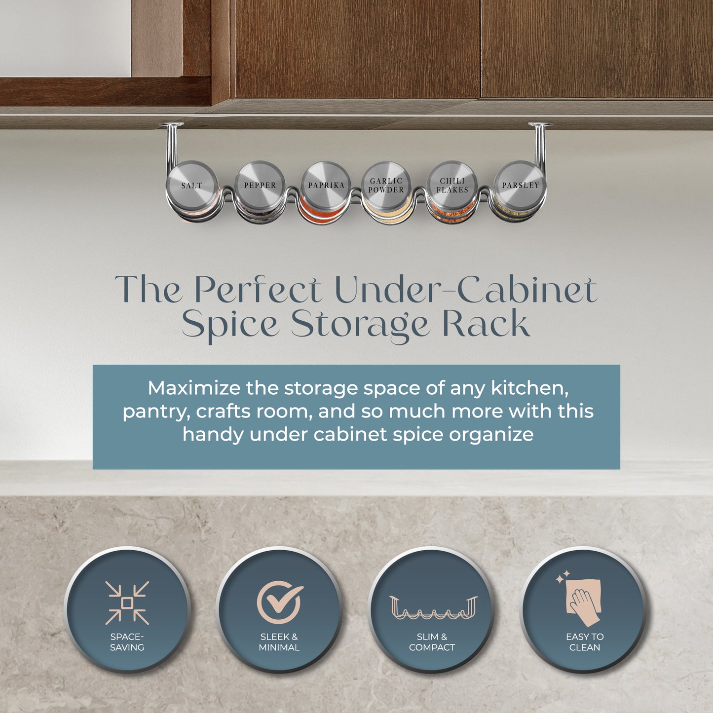 Under Cabinet Spice Rack With 6 Glass Spice Jars & 21 Labels